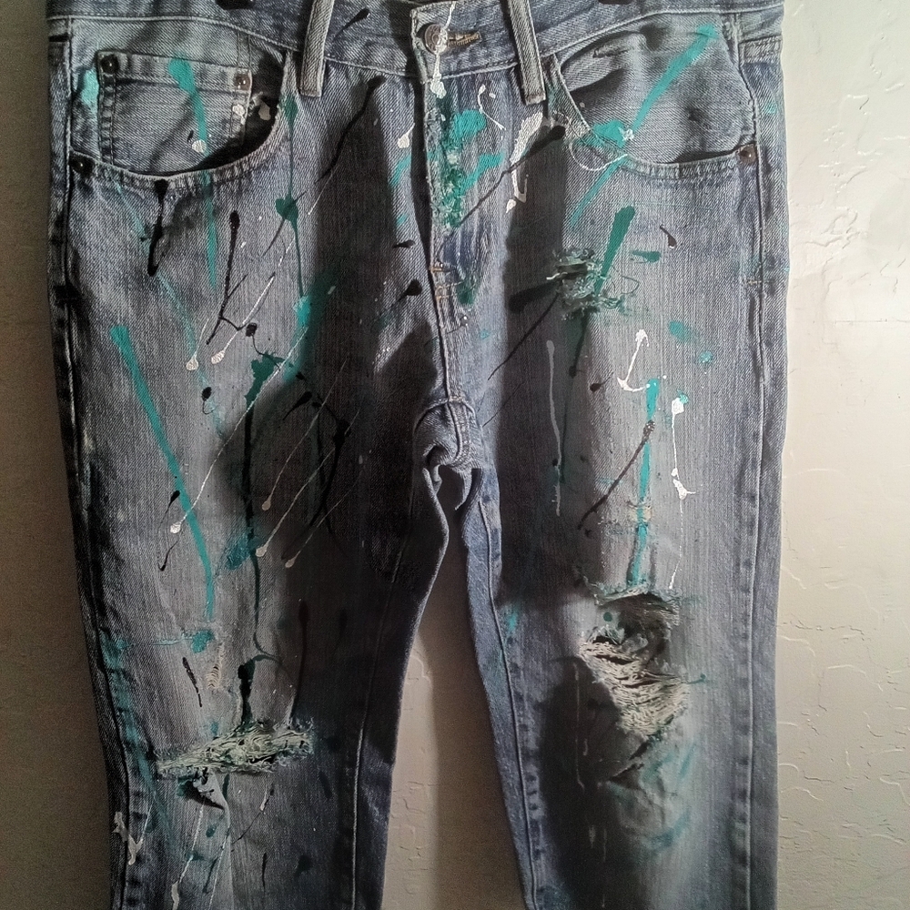 Stylish Izod Mens Distressed w/ (Blu/Teal/Wht Splatter Paint) Sz 32w Slim Shorts